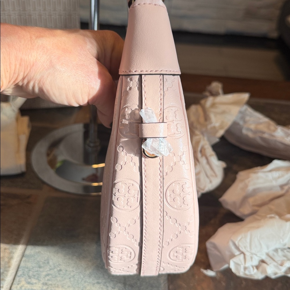 Tory Burch T Monogram Leather Crescent Bag - Blush - Picture 7 of 11